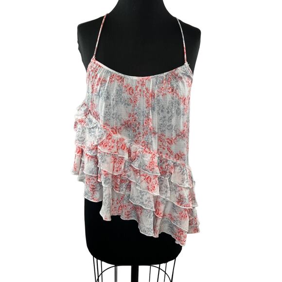 FREE PEOPLE Coral & Ivory Floral Flutter By Tank Ruffles Asymmetric Hem Silky XS - Picture 1 of 7